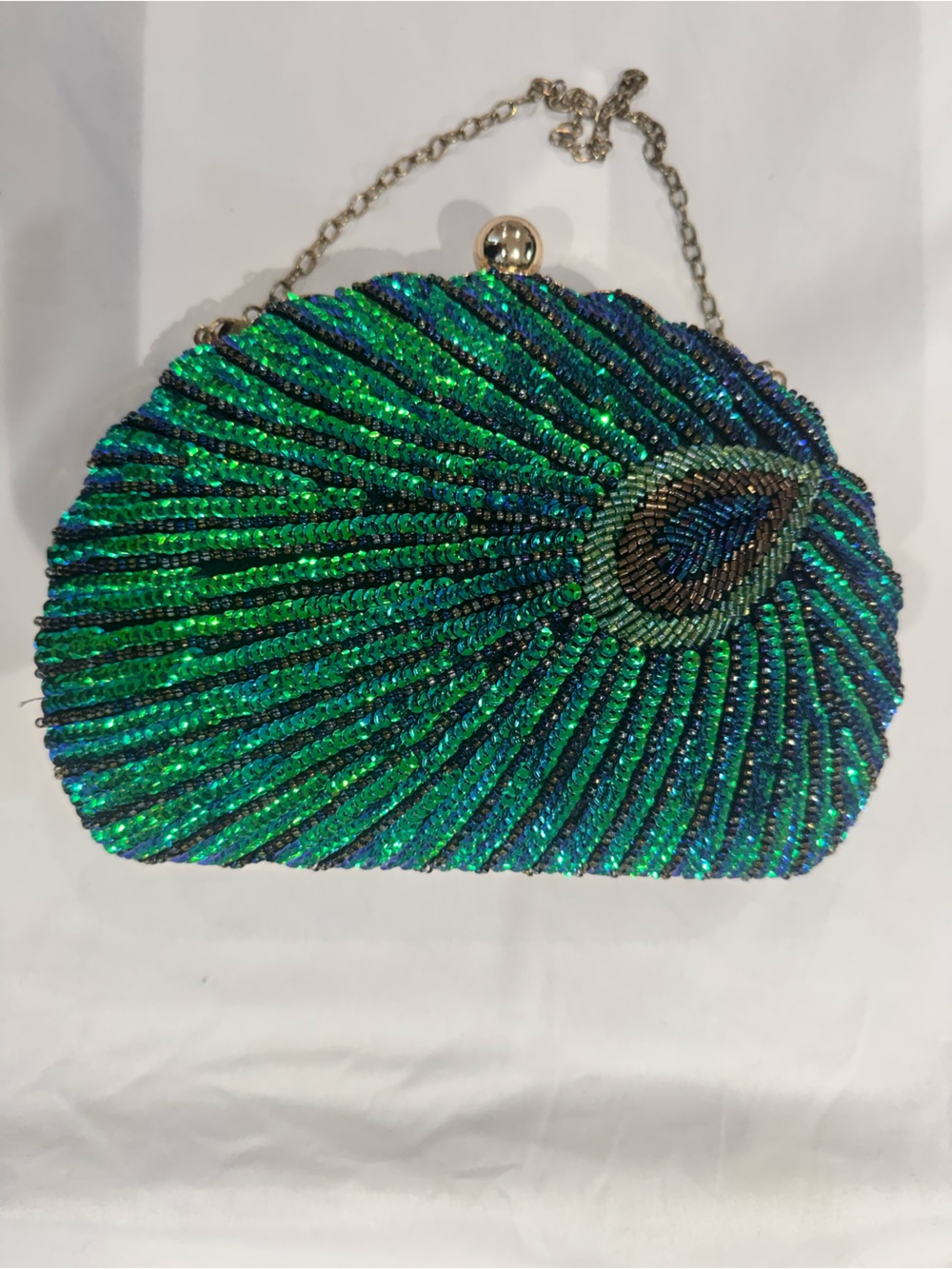 Green & Blue Beaded Evening Clutch with Chain